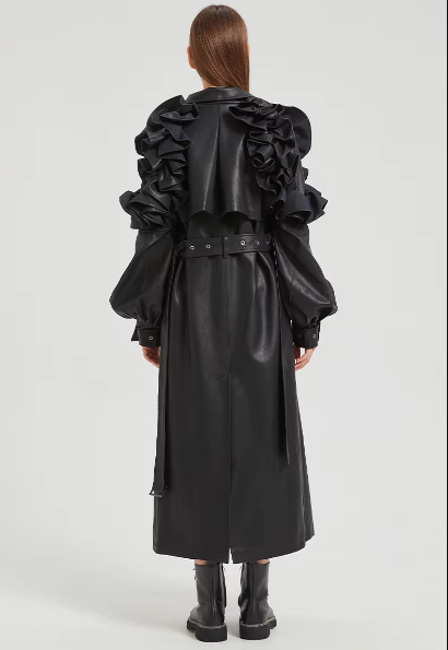 Pu Leather Long Ruffled Fashion Solid Wiast Elegant And Vintage Coat - Image 25