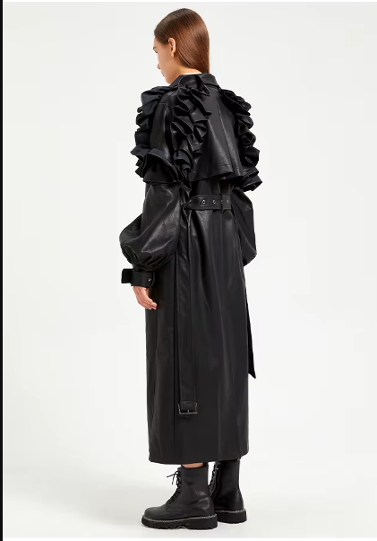 Pu Leather Long Ruffled Fashion Solid Wiast Elegant And Vintage Coat - Image 24