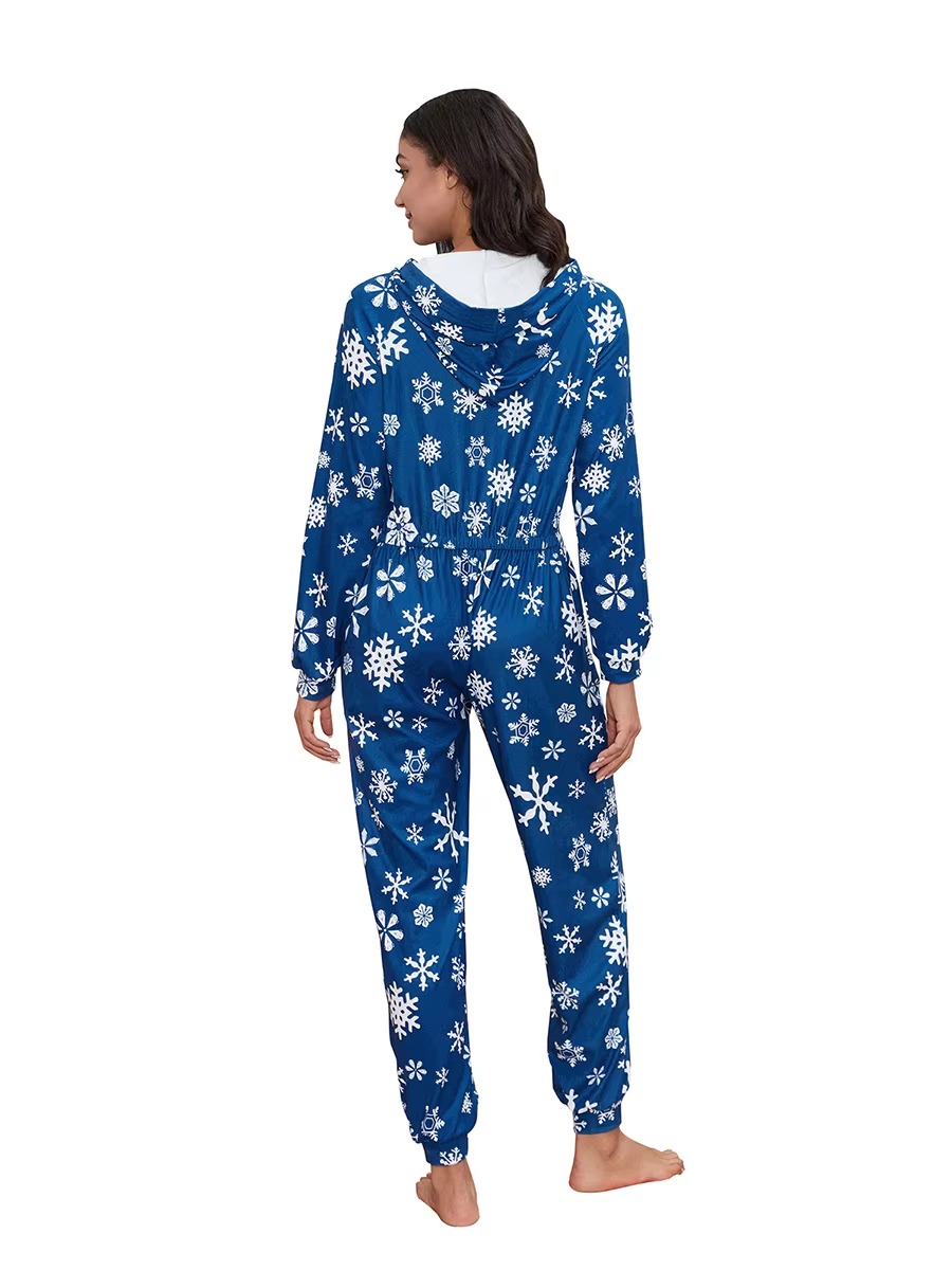 Casual Print Long Sleeve Hooded with Pockets Christmas Pajamas Jumpsuit - Image 6
