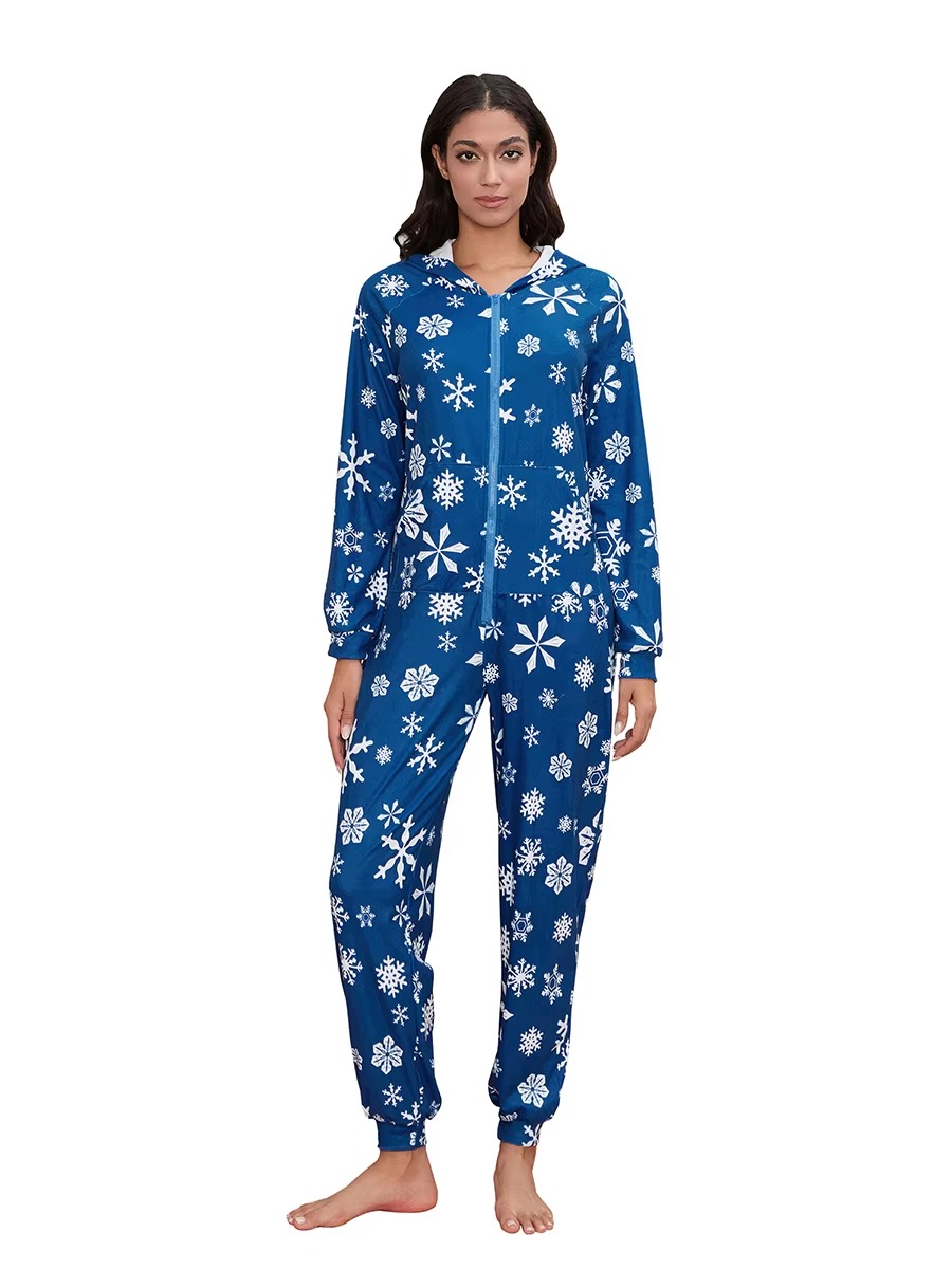 Casual Print Long Sleeve Hooded with Pockets Christmas Pajamas Jumpsuit - Image 5