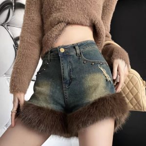 Retro Fluffy Patchwork Denim High Waist Loose Wide Leg Rivet Short Jeans