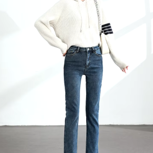 Retro zipper fly Slim Straight Elastic Cotton Thickened Warm Denim Pants