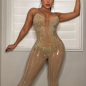 Rhinestone Spaghetti Straps Glam Sleeveless Sheer Mesh Crystal Romper Clubwear Jumpsuits
