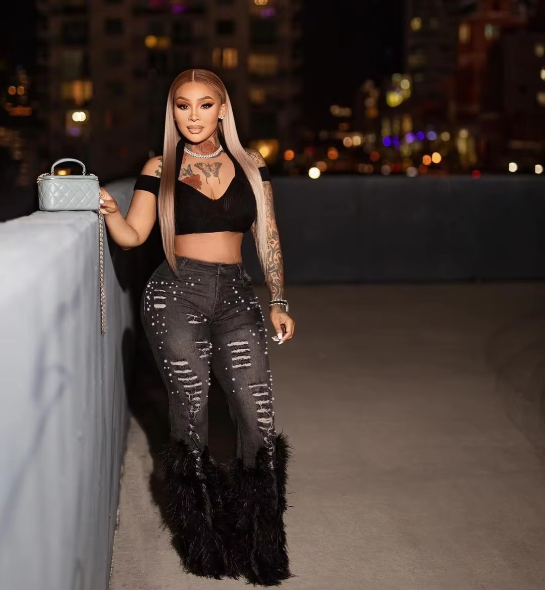 Ripped Out Beading Feather Decoration Stretch Denim High Waist Pants