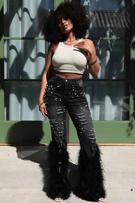 Ripped Out Beading Feather Decoration Stretch Denim High Waist Pants - Image 3