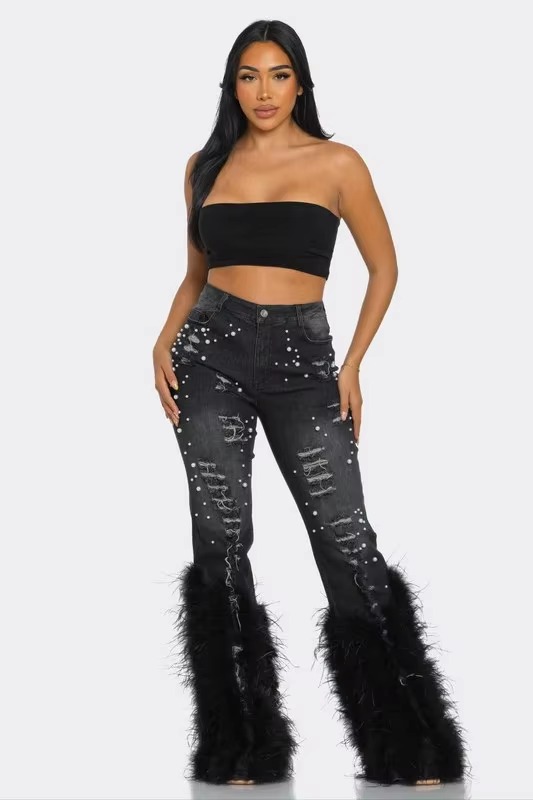 Ripped Out Beading Feather Decoration Stretch Denim High Waist Pants - Image 2