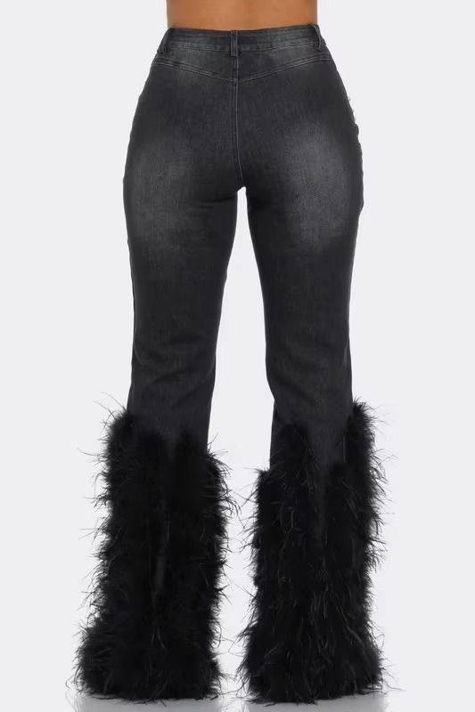 Ripped Out Beading Feather Decoration Stretch Denim High Waist Pants - Image 4