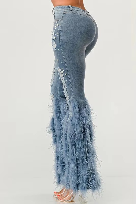 Ripped Out Beading Feather Decoration Stretch Denim High Waist Pants - Image 7