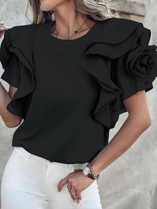 Ruffled Solid Color Cotton Blended Shirt Round Neck Short Sleeve Loose T-shirt - Image 4