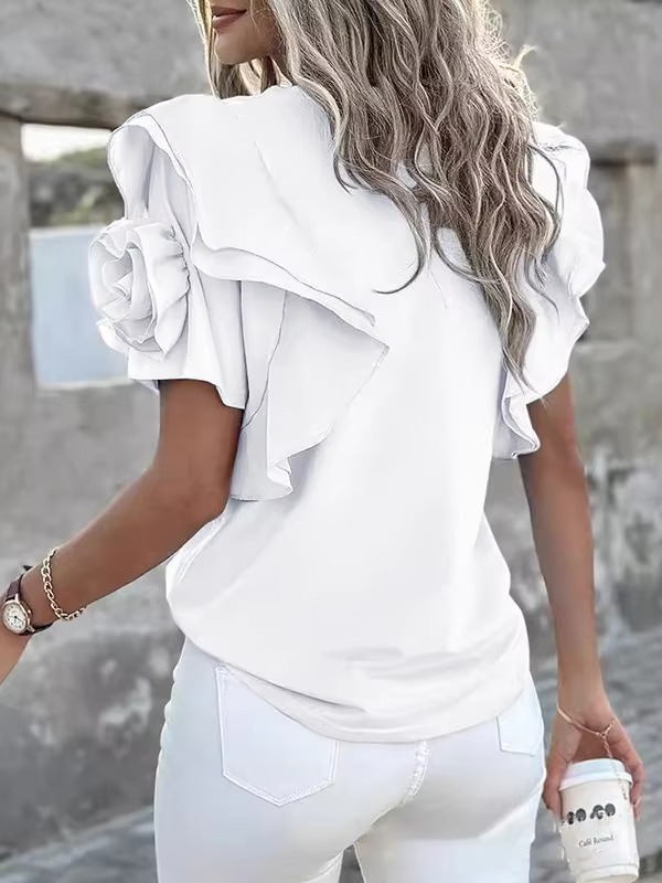 Ruffled Solid Color Cotton Blended Shirt Round Neck Short Sleeve Loose T-shirt - Image 3