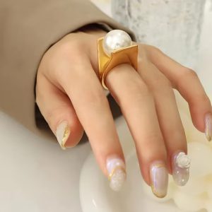 Y Shaped Big Imitation Pearl Stainless Steel Exaggerated Charm Ring