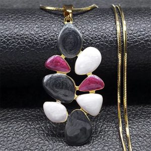 Colorful Enamel Leaf Long Stainless Steel Contrasting Flowers Pendant Necklace
