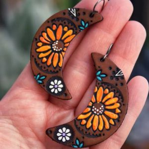 Sunflower Plants Dangle Vintage Metal Leather Moon Creativity Earrings