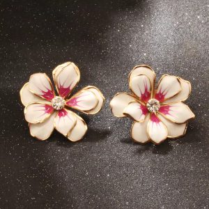 Elegant Inlaid Rhinestone Double Layers Enamel Five-petal Flowers Stud