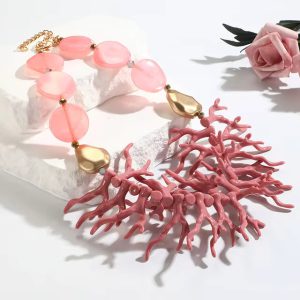 Bohemian Trendy Beaded Chain Big Beads Coralline Pendant Necklace