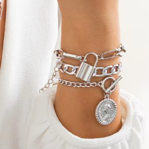 Cuban Curb  Vintage Lock Coin OT Buckle Pendant Chain Bracelets