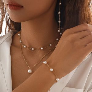 Elegant Imitation Pearl Chain Necklace With Drop Earrings