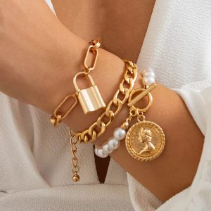 Vintage Lock Coin OT Buckle Pendant Punk Cuban Curb Chain Bracelets