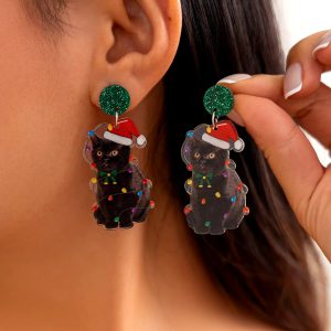 Cute Cat Creative Acrylic Christmas  Drop Earrings
