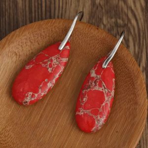 Delicate Boho Silver Color Oval Stone Dangle Teardrop Jaspers