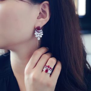 Luxury Designer Crown Design Ruby Red Crystal Jewelry Sets