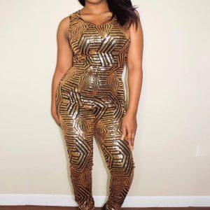 Sequined Style Sleeveless Round Neck Formal Evening Long Jumpsuit