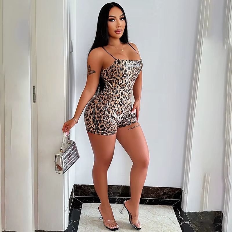 Sequins Leopard Print Spaghetti Strap Backless Skinny Midnight Clubwear Jumpsuit - Image 3