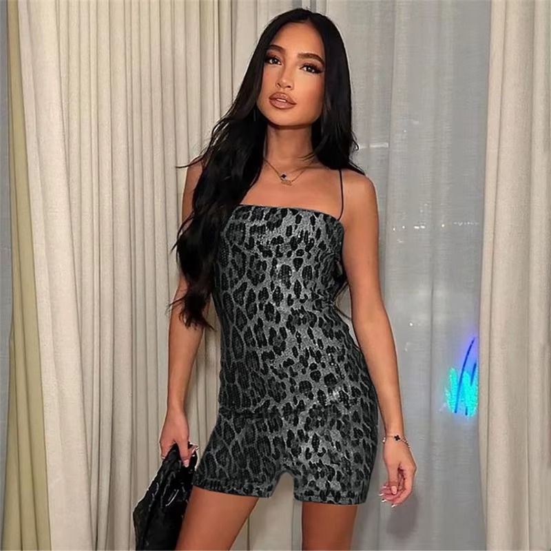 Sequins Leopard Print Spaghetti Strap Backless Skinny Midnight Clubwear Jumpsuit - Image 8