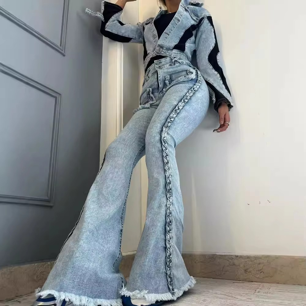 Casual Side Twist Decoration Stretch High Waist Bottoms Streetwear Denim Flared Pants