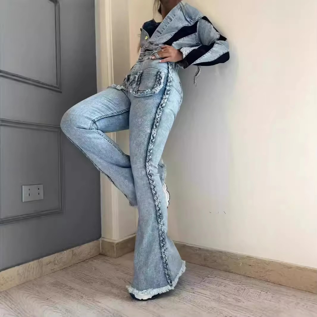 Casual Side Twist Decoration Stretch High Waist Bottoms Streetwear Denim Flared Pants - Image 2