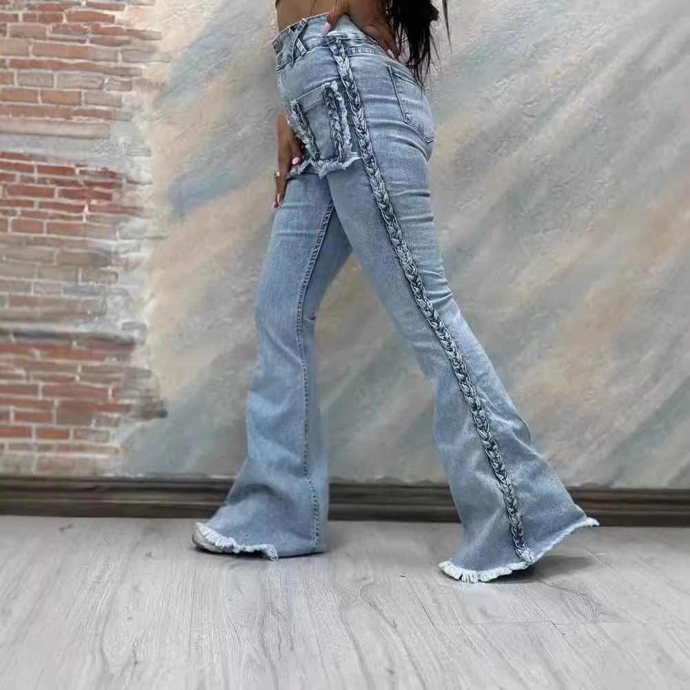 Casual Side Twist Decoration Stretch High Waist Bottoms Streetwear Denim Flared Pants - Image 3