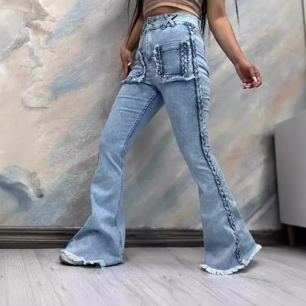 Casual Side Twist Decoration Stretch High Waist Bottoms Streetwear Denim Flared Pants - Image 4