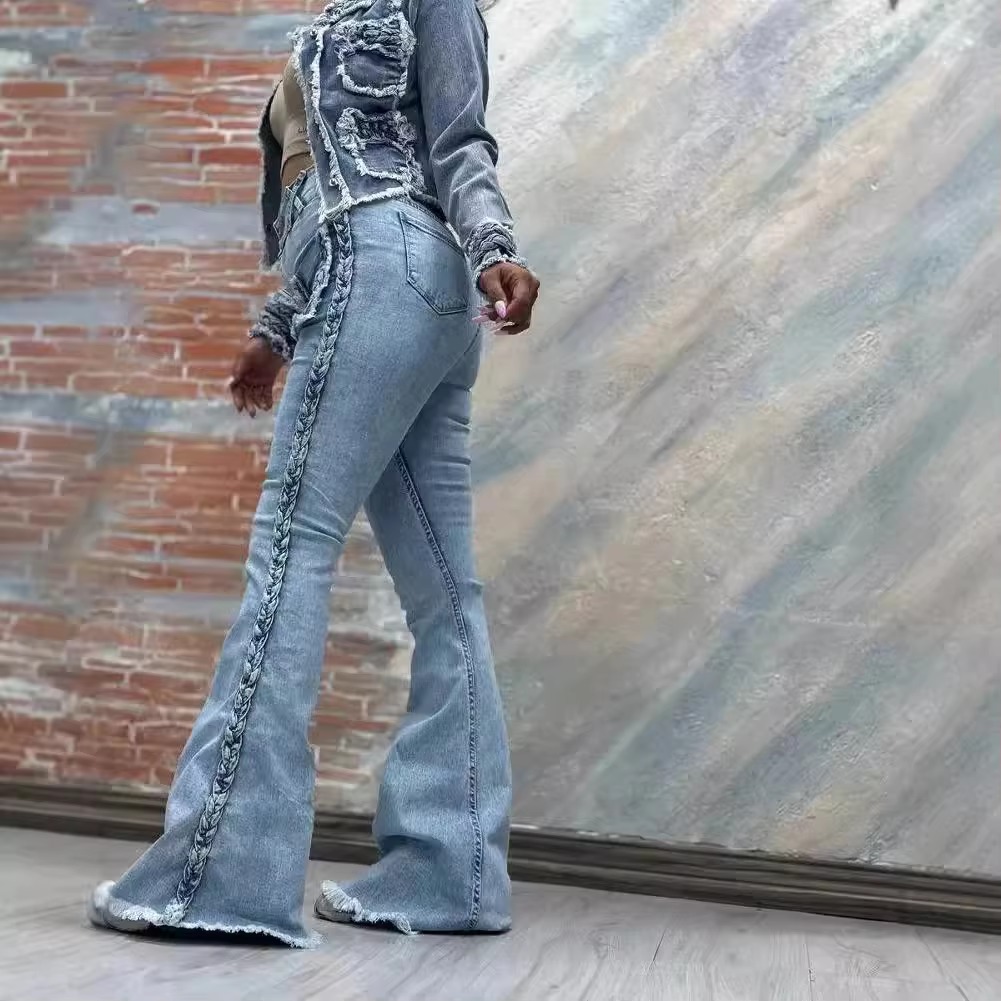 Casual Side Twist Decoration Stretch High Waist Bottoms Streetwear Denim Flared Pants - Image 5