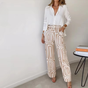 Single Breasted Long-Sleeved Shirt Solid Button Top Printed Pants Two Piece Sets No Belt