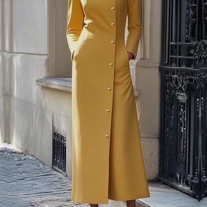 Elegant Solid Color Stand Collar Long Sleeves Single-breasted H-Line High Street Midi Dress