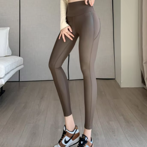Spliced ​​Leather High Elastic Slim Fit Warm PU Leather Ankle-Length Leggings