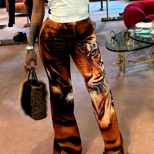 Stunning High Waist 3D Tiger Print Skinny With Button Flare Trousers