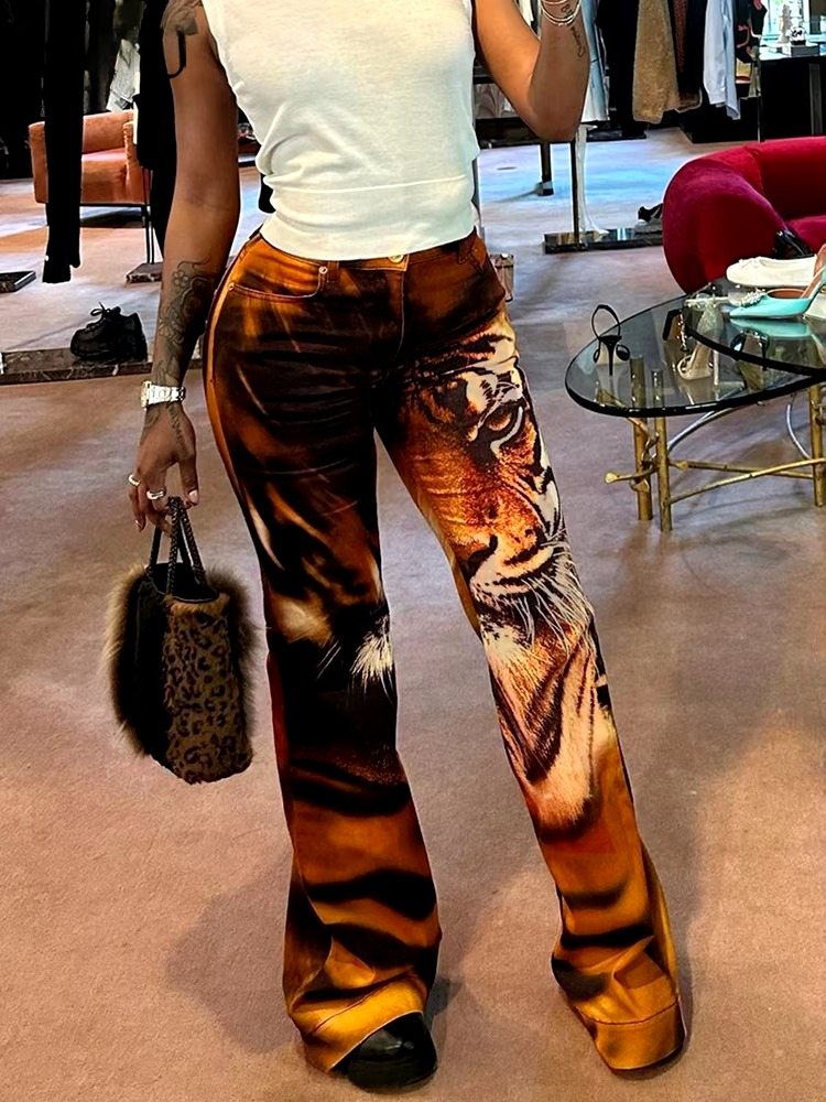 Stunning High Waist 3D Tiger Print Skinny With Button Flare Trousers