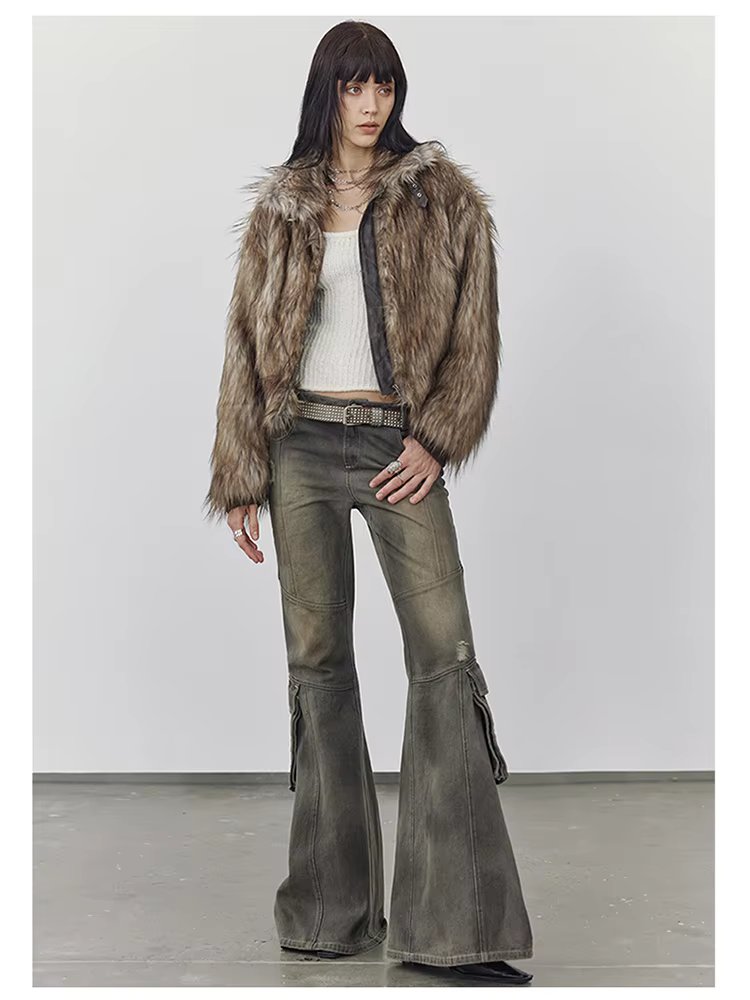 Thick Patchwork Faux Faux Fur SHort Warm Zipper Long Sleeve Elegant Jacket - Image 2