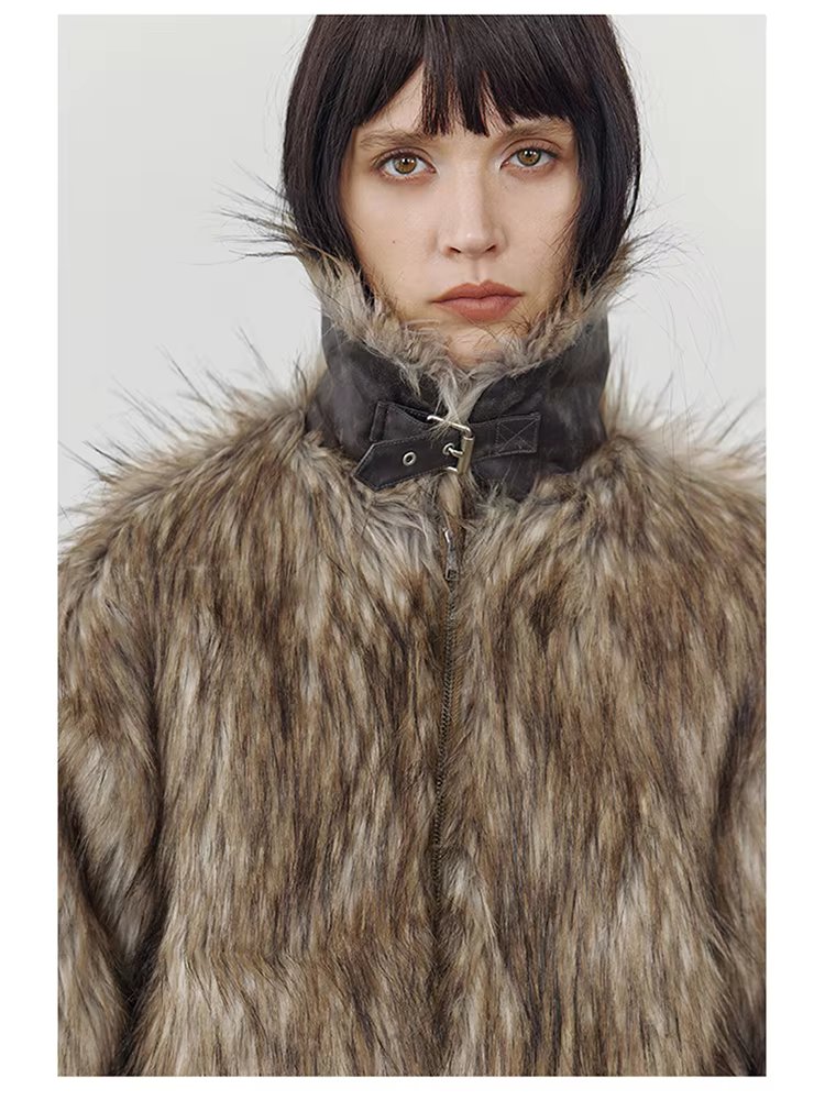 Thick Patchwork Faux Faux Fur SHort Warm Zipper Long Sleeve Elegant Jacket - Image 10