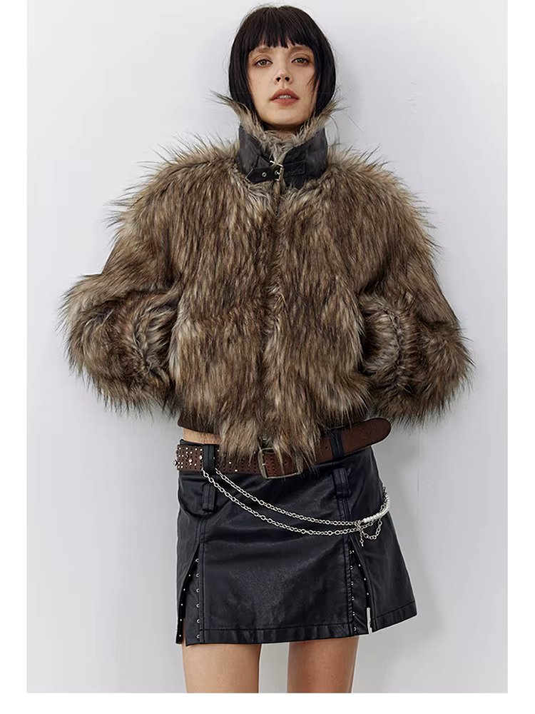 Thick Patchwork Faux Faux Fur SHort Warm Zipper Long Sleeve Elegant Jacket - Image 11