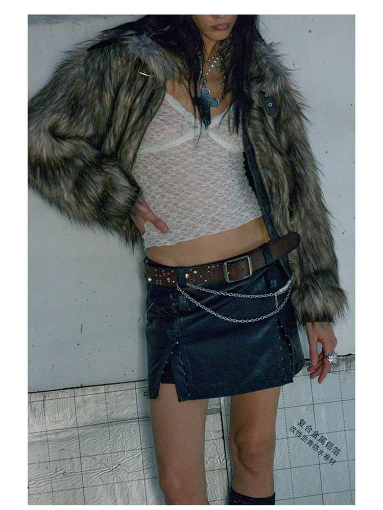 Thick Patchwork Faux Faux Fur SHort Warm Zipper Long Sleeve Elegant Jacket - Image 3