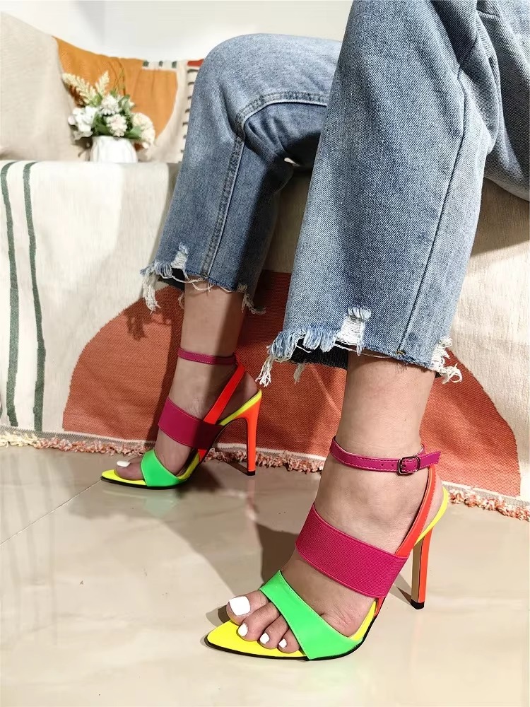 Trendy Buckle Strap Stripper Thin Heels Pointed Toe Sandals - Image 7