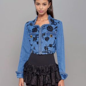 Trendy Embroidery Sequins V-neck Long Sleeves Denim Jacket