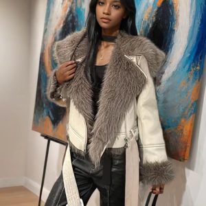 Trendy Lapel Long Sleeve Spliced Leather Faux Fur Motorcycle Jacket