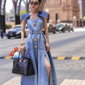 Trendy Metal Buckle Waist Hollow Out Sleeveless Split Denim Dresses