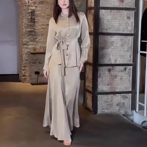 Trendy Solid Color Shirt Lace-up Waist Long Sleeve Casual Loose Dresses