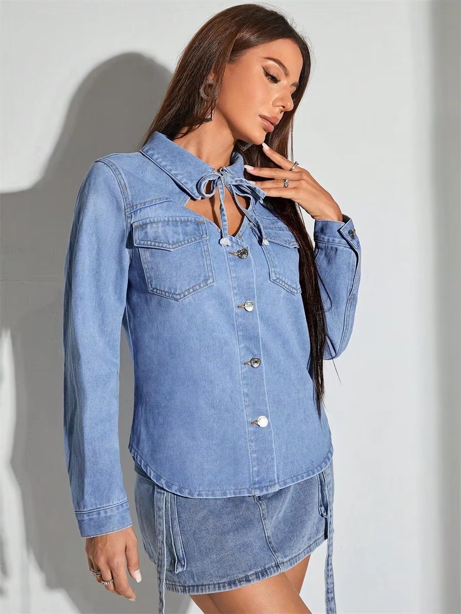 Casual Turn-down Collar Tie Front Denim Retro Long Sleeve Button Up Jean Shirt Top - Image 3