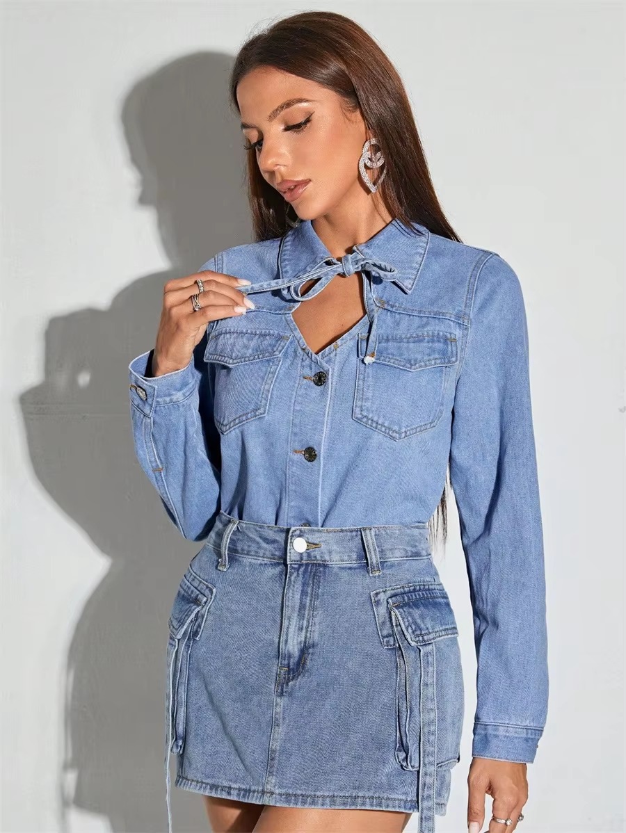 Casual Turn-down Collar Tie Front Denim Retro Long Sleeve Button Up Jean Shirt Top - Image 4