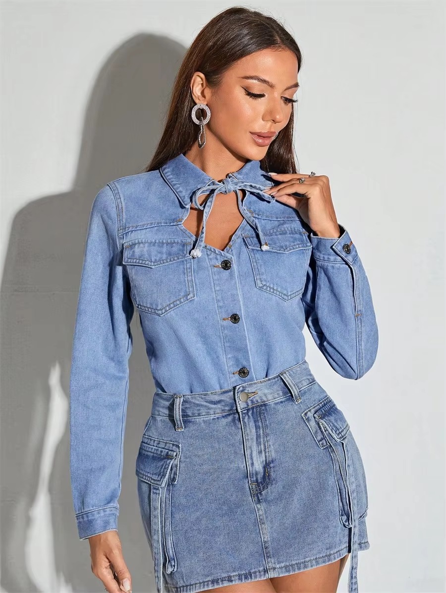 Casual Turn-down Collar Tie Front Denim Retro Long Sleeve Button Up Jean Shirt Top - Image 5